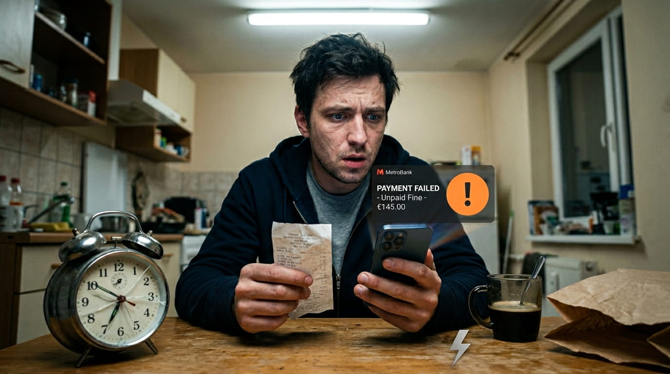 Молодой фрилансер в растерянности смотрит на телефон и смятый чек, на фоне – сломанный будильник и уведомление о штрафе.